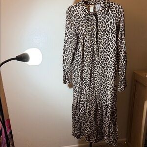 H&M Beige and Black Leopard Print Long Sleeve Tiered Maxi Dress